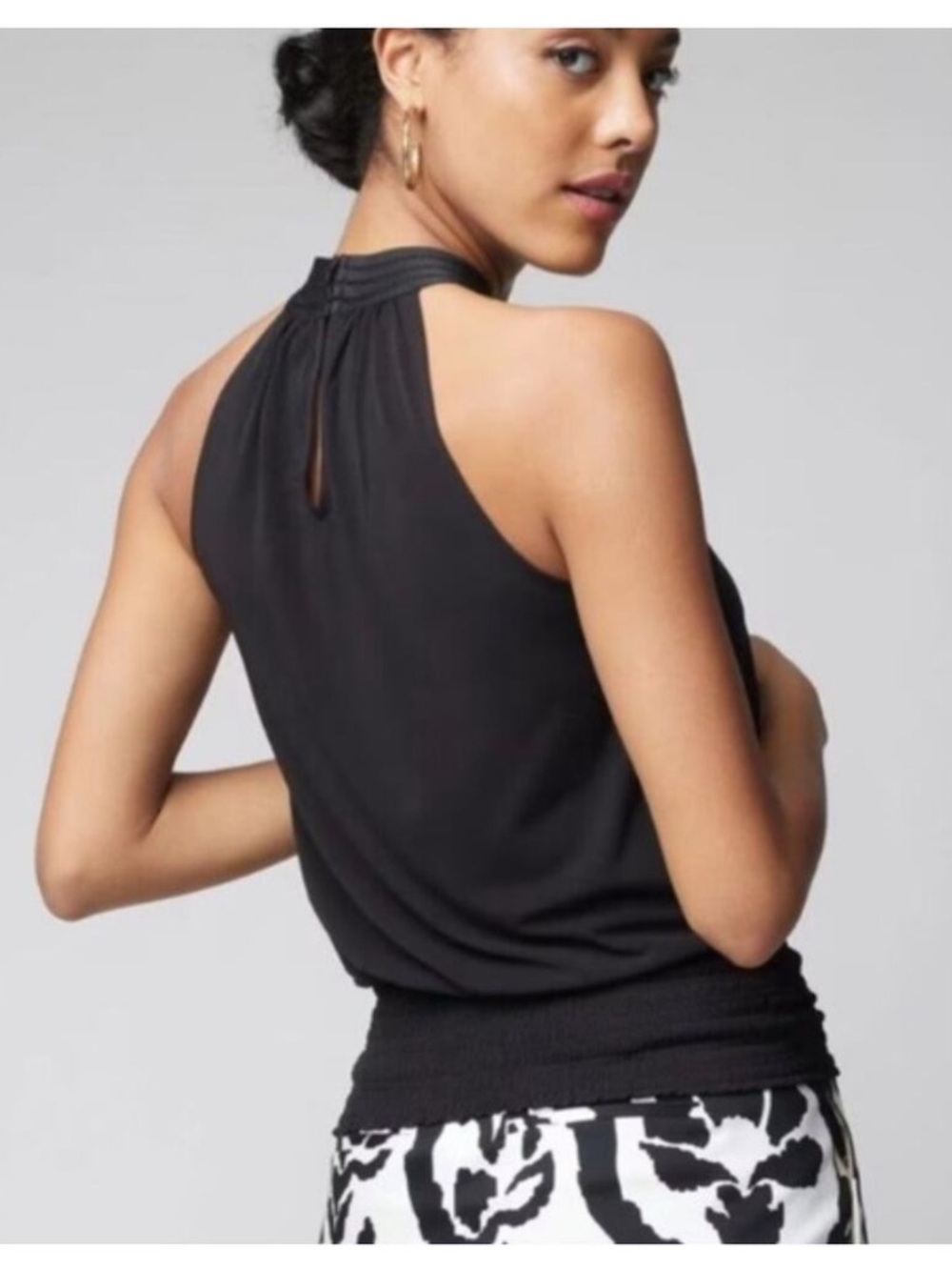 White House Black Market Cross Front Halter Top in Black L Large Keyhole Back - Picture 2 of 10